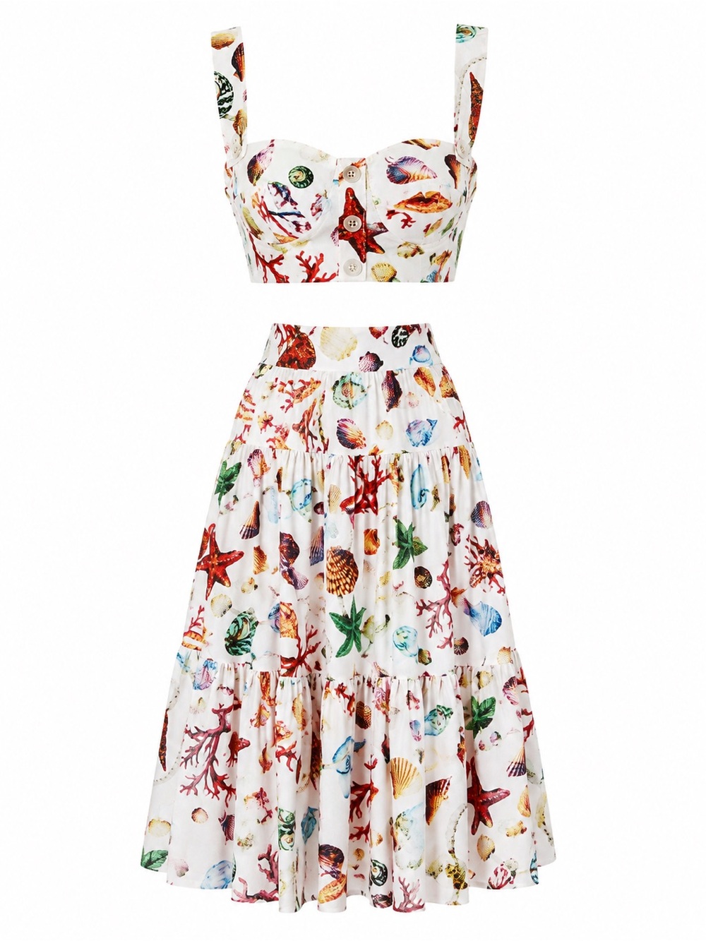 Commense Seashell Coral Print Two-Piece Crop Top Midi Skirt Set Size Medium